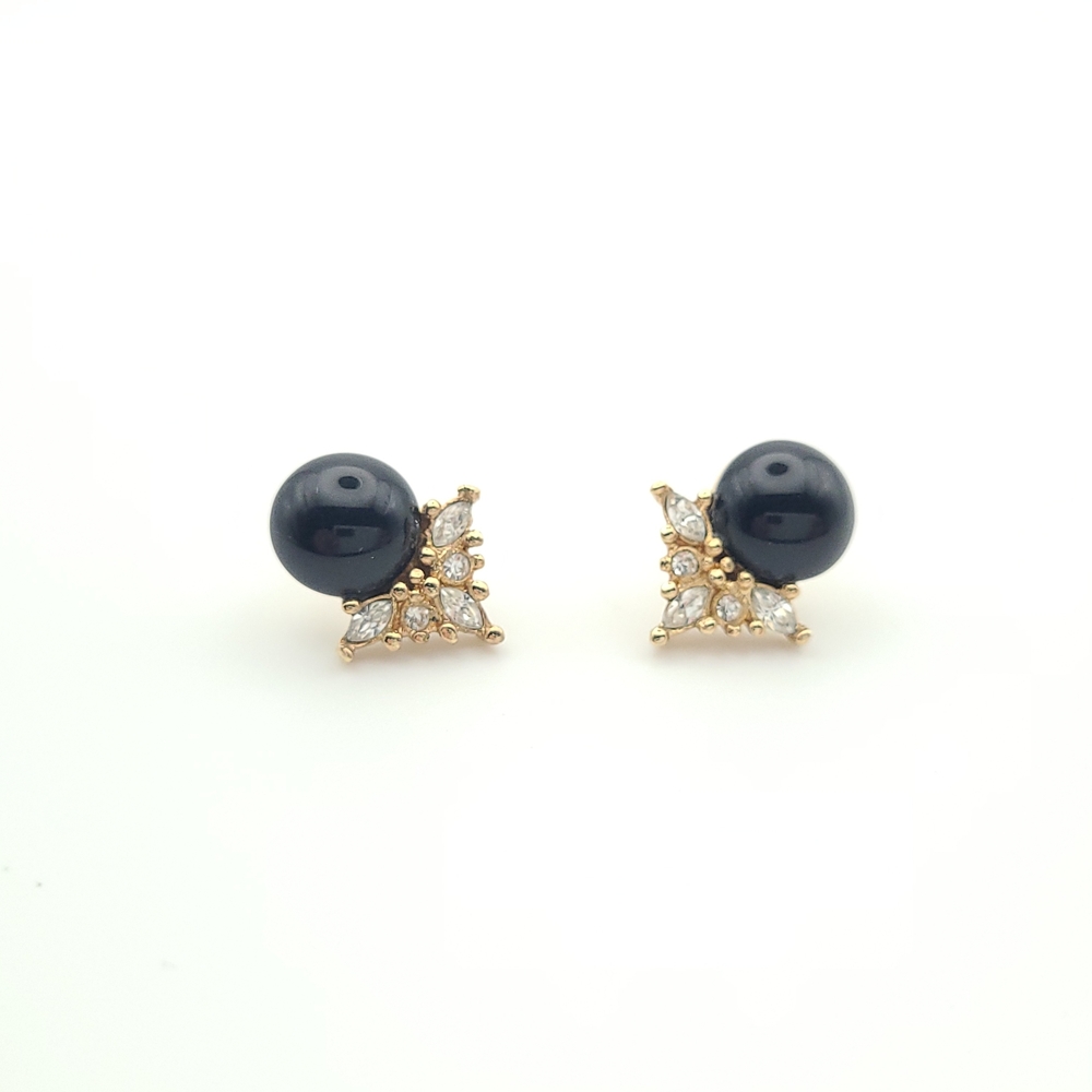 Dior Black Pearl and Gold Crystal Stud Earrings